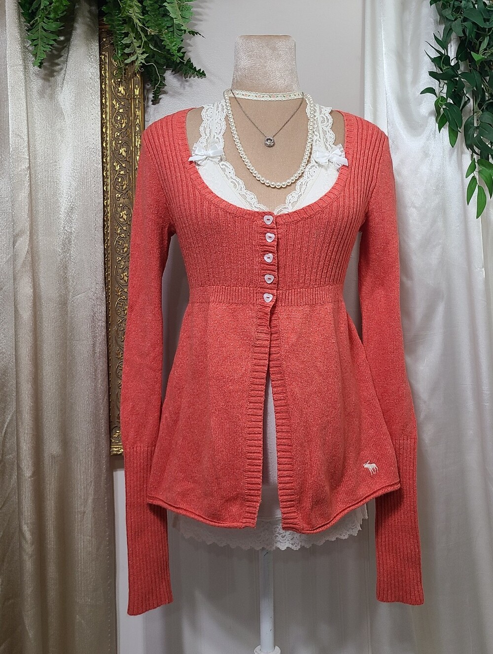♡ Y2K ♡ Abercrombie Hearts Button Babydoll Rabbit Hair Cardigan Sweater Top
